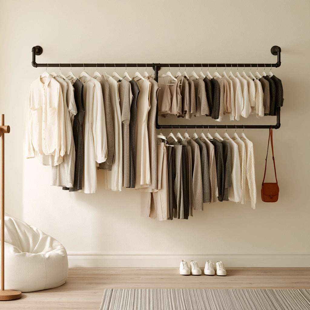 Open black wardrobe by cottonra featuring a clear, organized design for clothing storage in a modern house and garden setting.