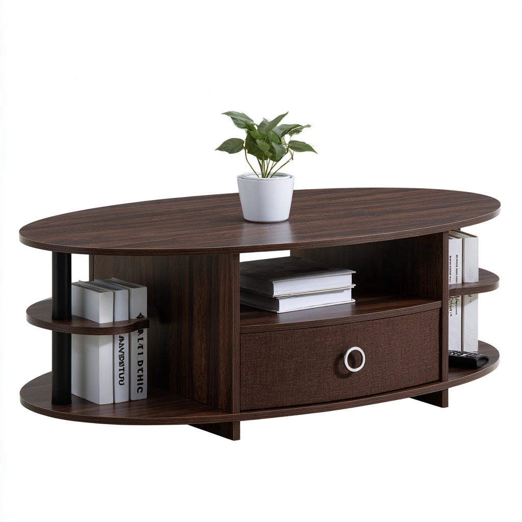 Oval-shaped modern wooden coffee table in dark brown with a wood grain finish, part of Cottonra's living room furniture collection.